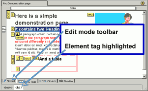 Showing use of edit mode toolbar to select page views and Status bar highlighting selected element